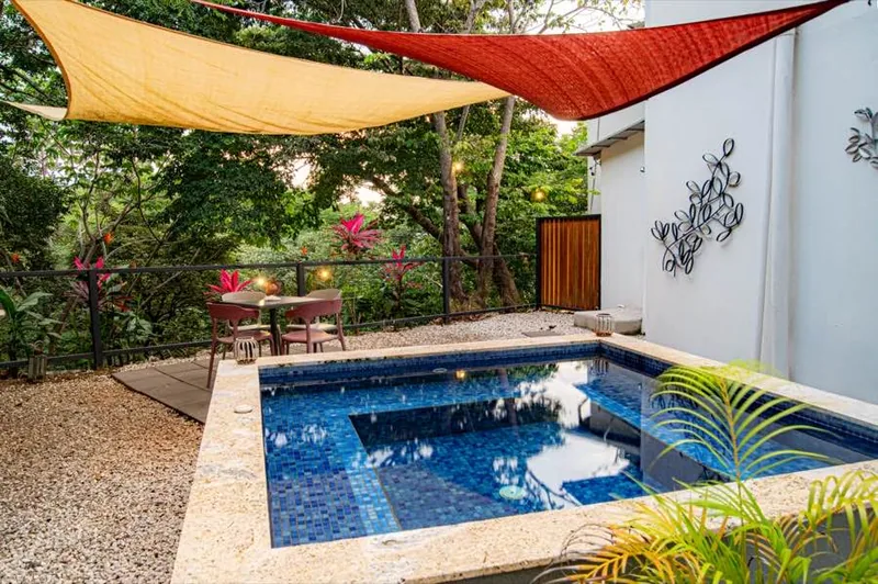A plunge pool under shade sails, ringed by jungle
