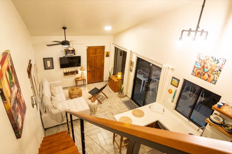 The living room at Casa Lunax, seen from the loft