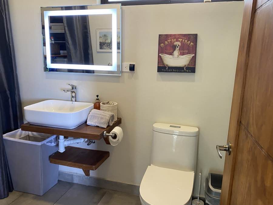 The bathroom vanity at Casa Lunax